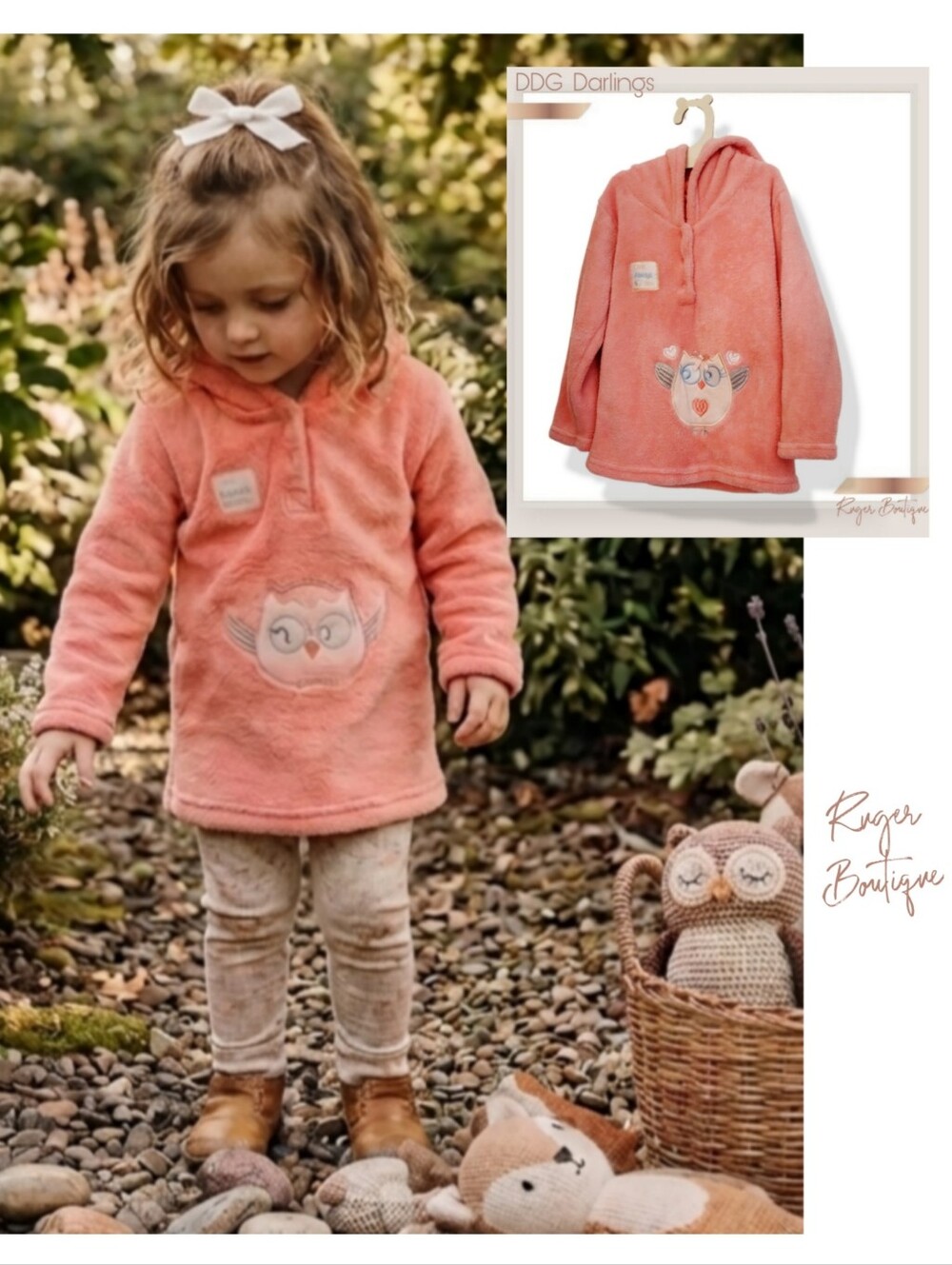 🌿DDG Darlings Girls 4T Pink Coral Fleece Hooded Owl Tunic Pullover Sweater